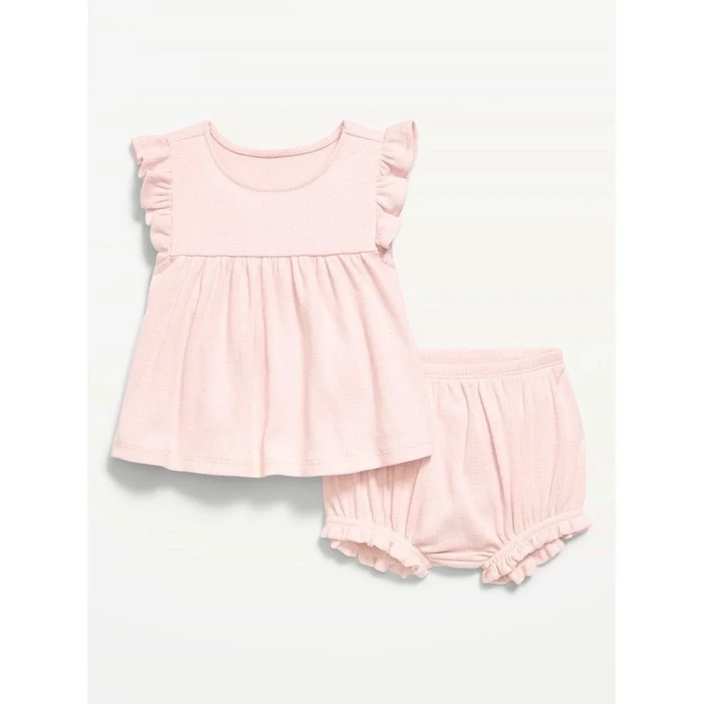 Old Navy Baby Girl Pink Ribbed Flutter Sleeve Tunic and Bloomers Set